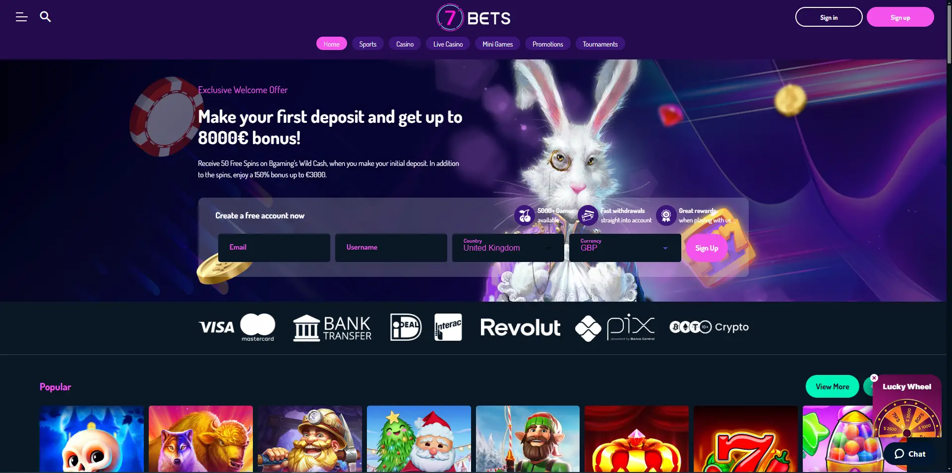 home page of 7bets casino