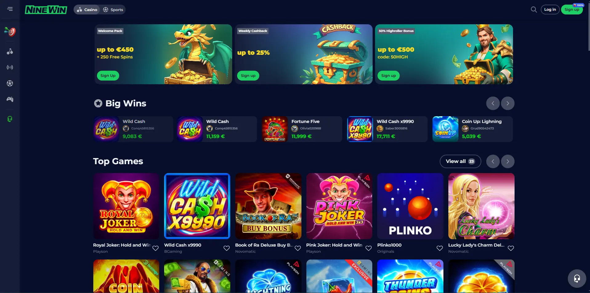 NineWin Casino Homepage